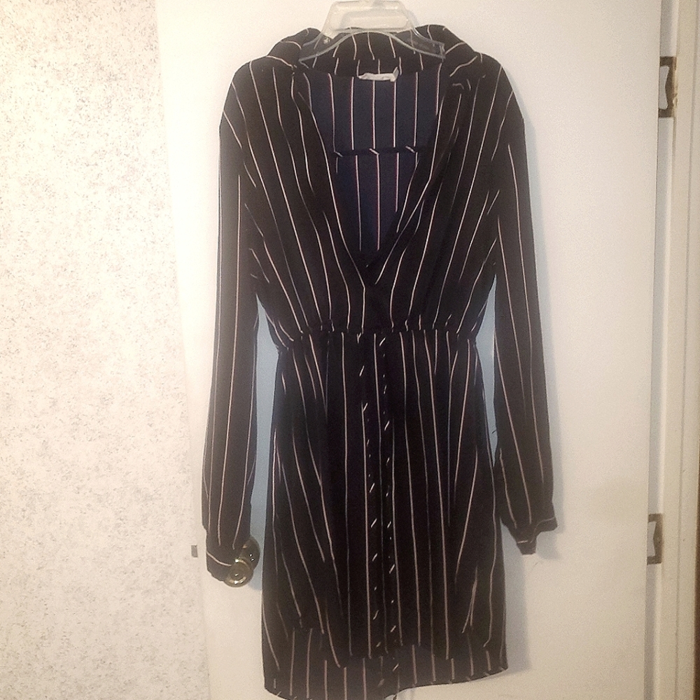 Lush, Long Sleeve Dress, Navy Blue & Burgundy Pin Stripped,Large